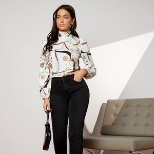 SHEIN Ruffle Neck Chain Print Top, Small